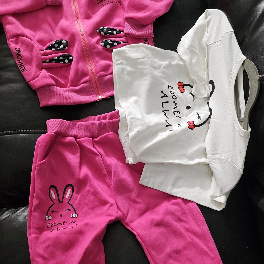 Hot Pink Bunny Tracksuit with White Cartoon Tee